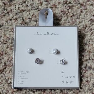 A New Day Sterling Silver and Pearl Stud Earrings Set